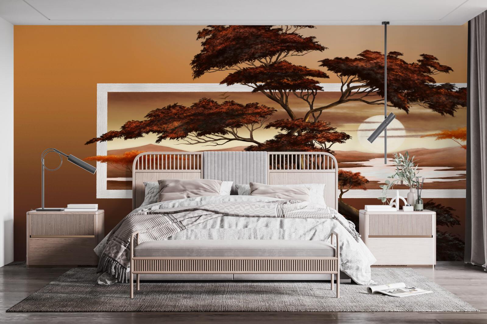 Fotobehang tegen de achtergrond van een heldere zonsondergang rijst een majestueuze en weelderige boom op