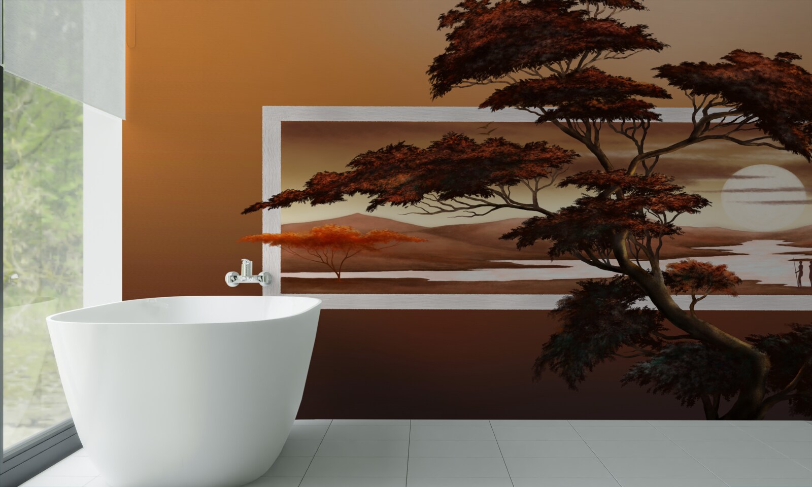 Fotobehang tegen de achtergrond van een heldere zonsondergang rijst een majestueuze en weelderige boom op