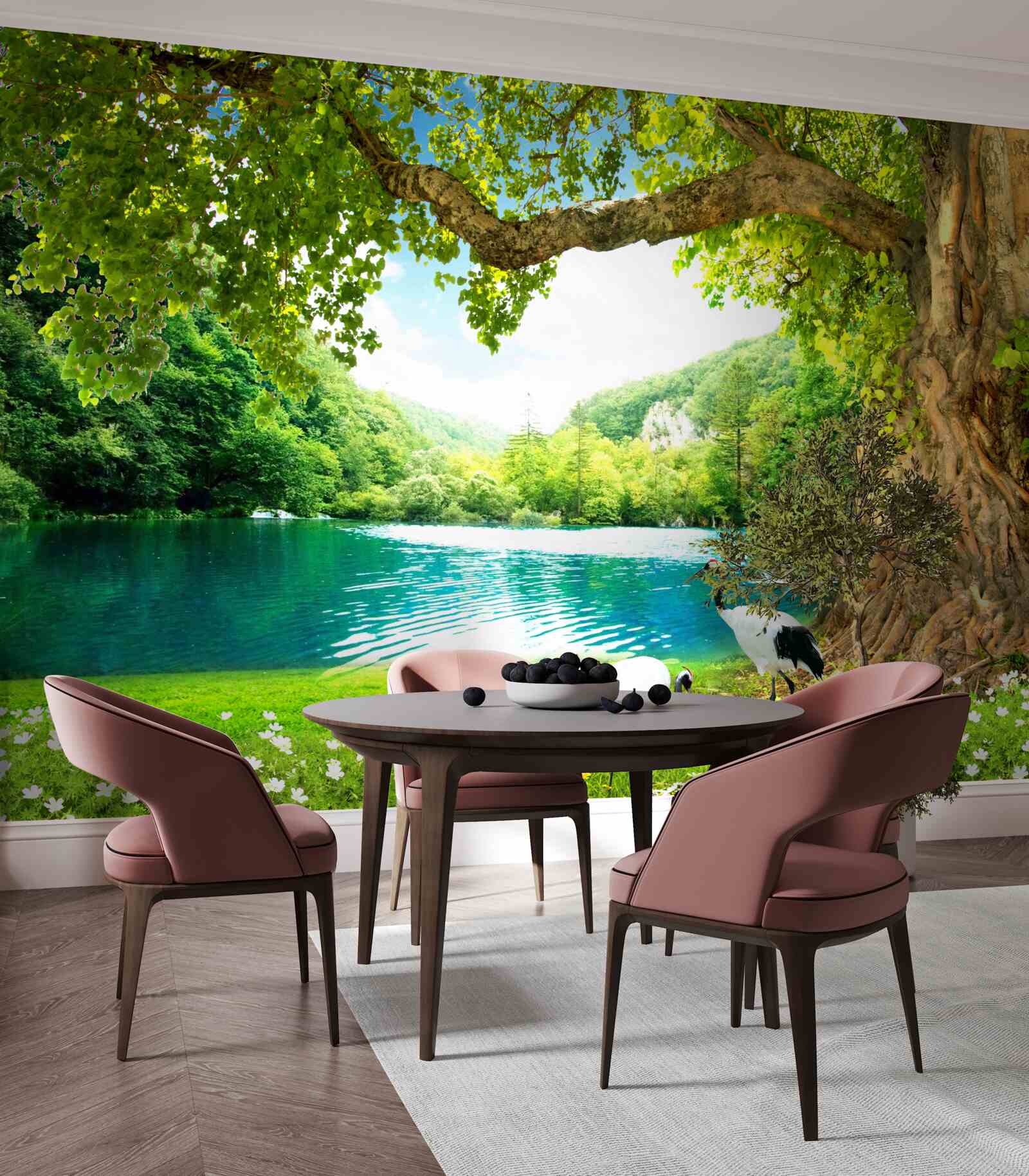 Fotobehang twee kraanvogels in een veld bij een vijver