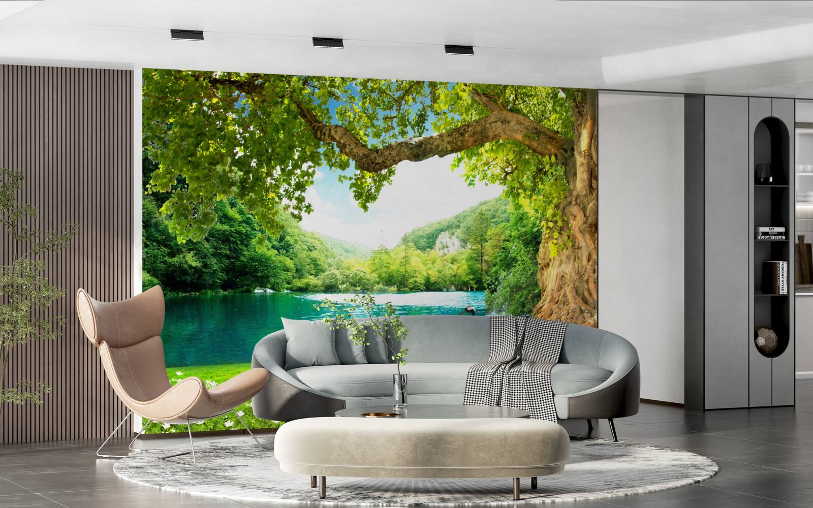 Fotobehang twee kraanvogels in een veld bij een vijver