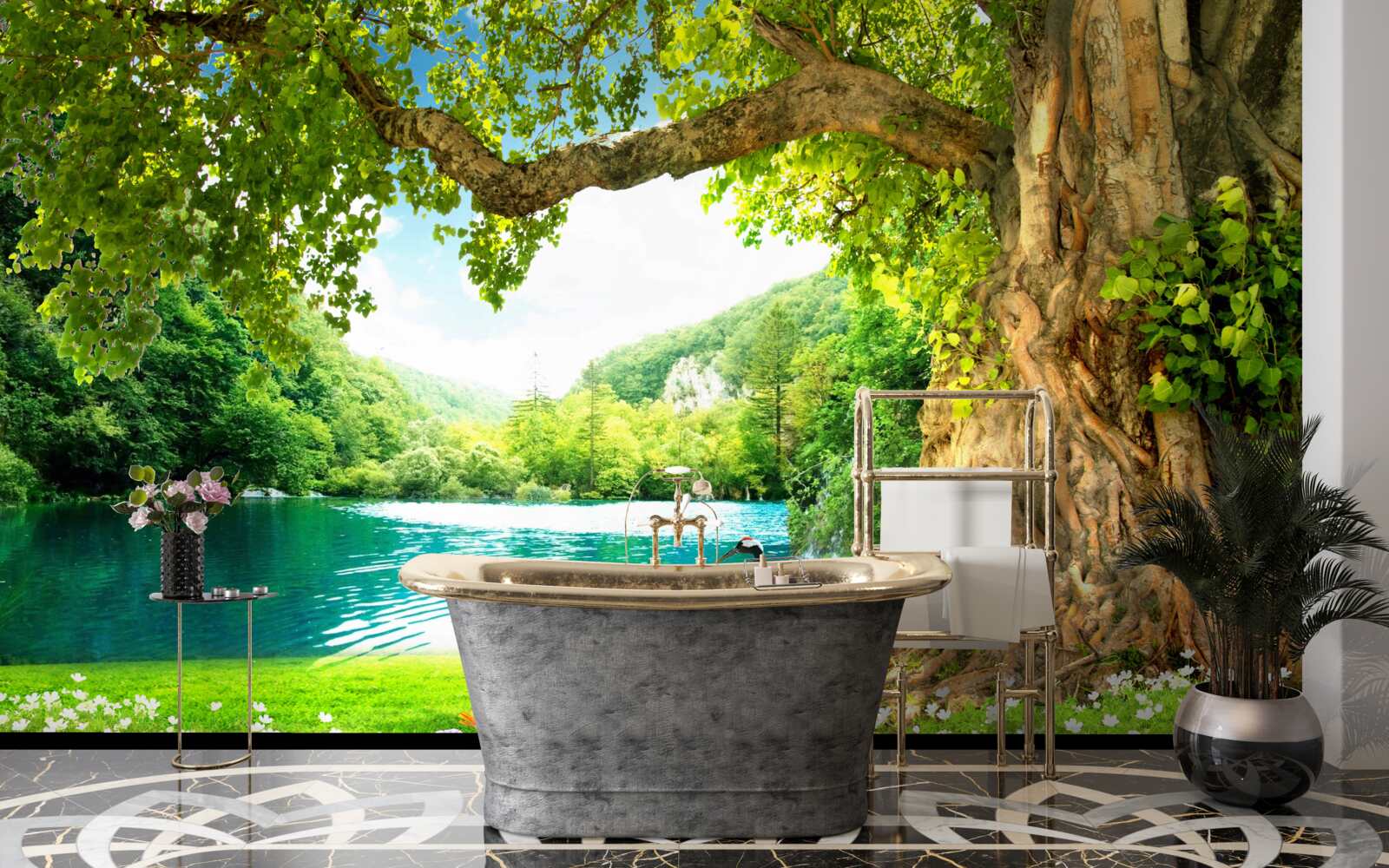 Fotobehang twee kraanvogels in een veld bij een vijver