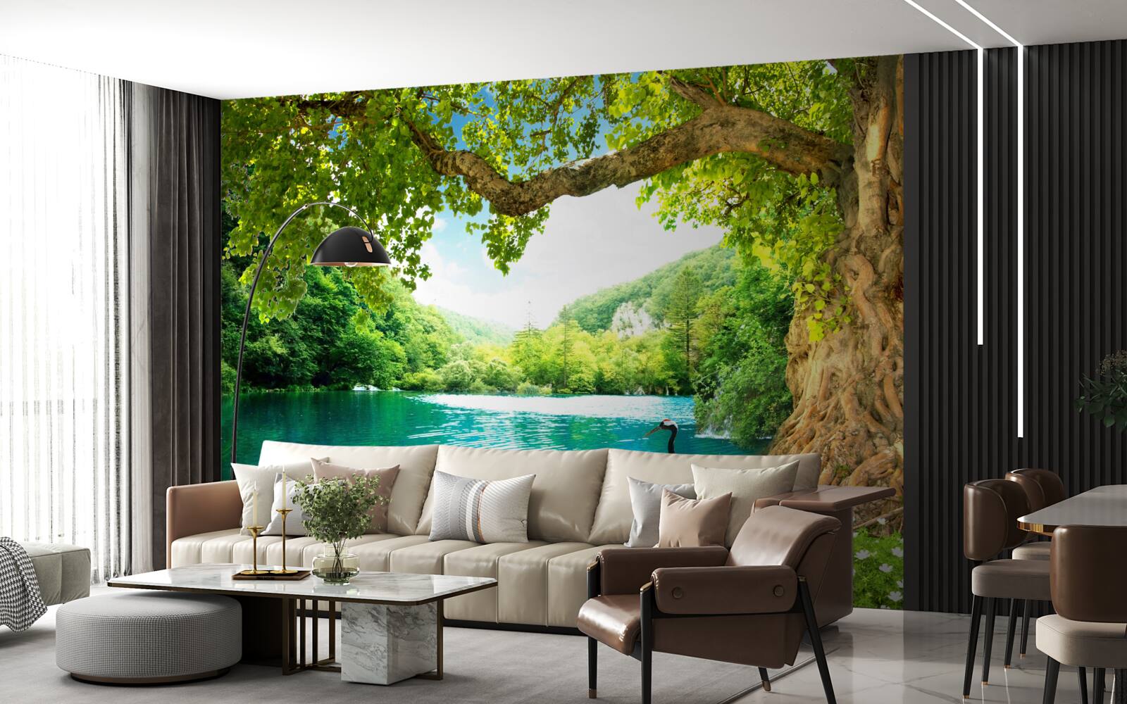 Fotobehang twee kraanvogels in een veld bij een vijver