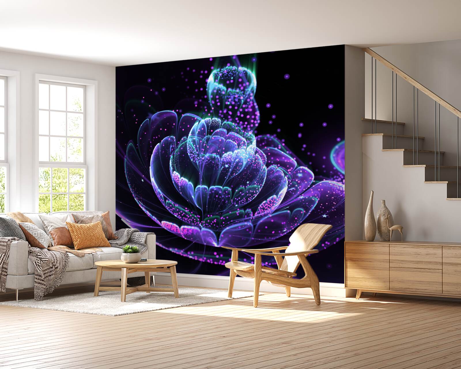 Fotobehang abstracte blauwe bloem op zwarte achtergrond