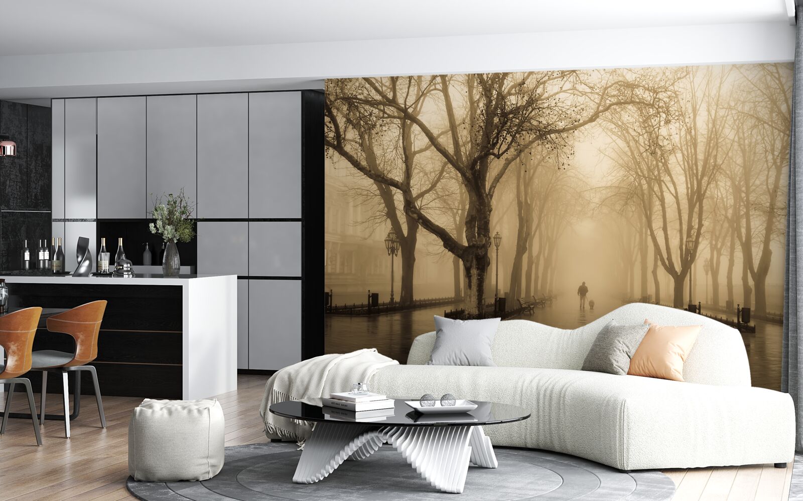 Fotobehang de laan is gevuld met regen en mist