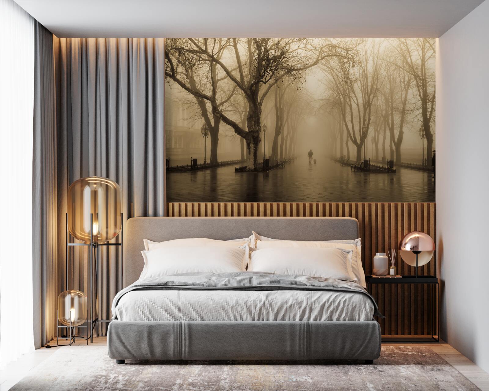 Fotobehang de laan is gevuld met regen en mist