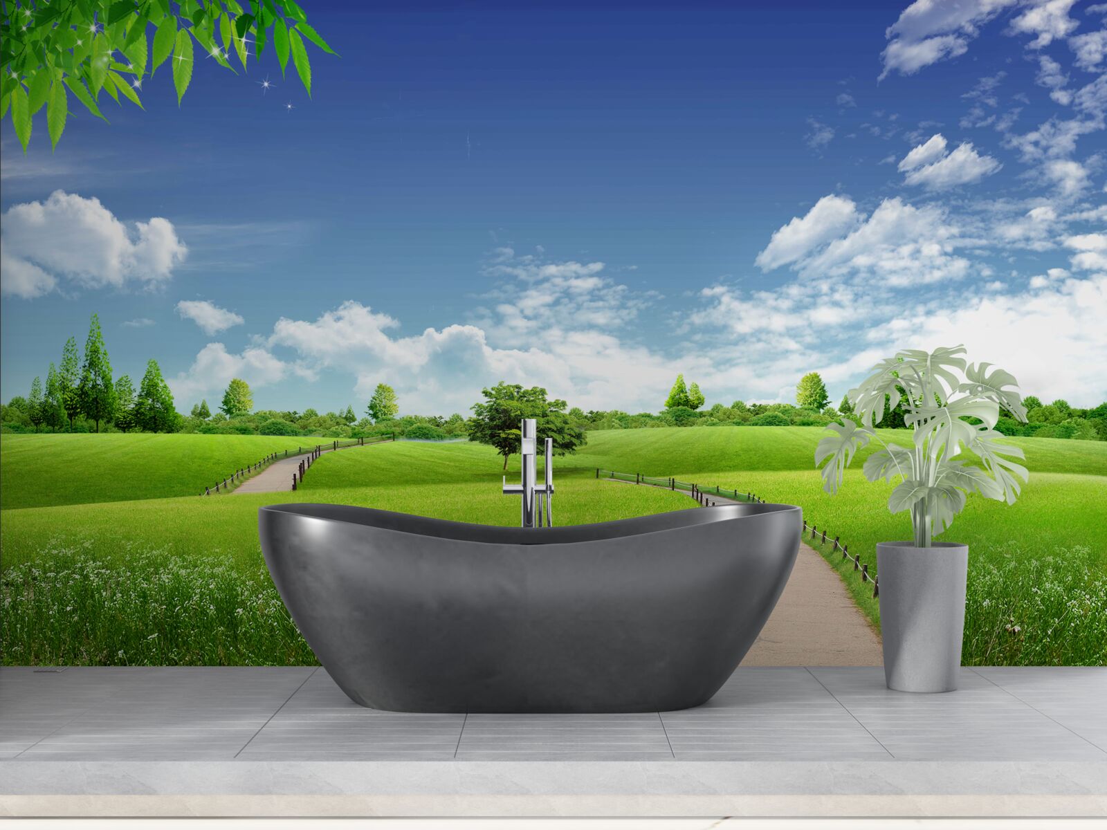 Fotobehang Pad tussen groene ruimten