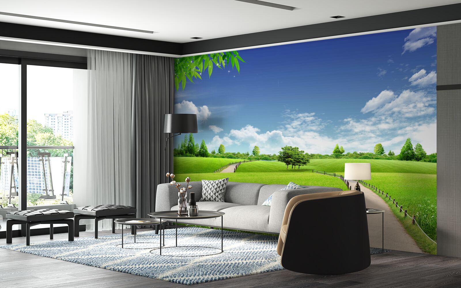 Fotobehang Pad tussen groene ruimten