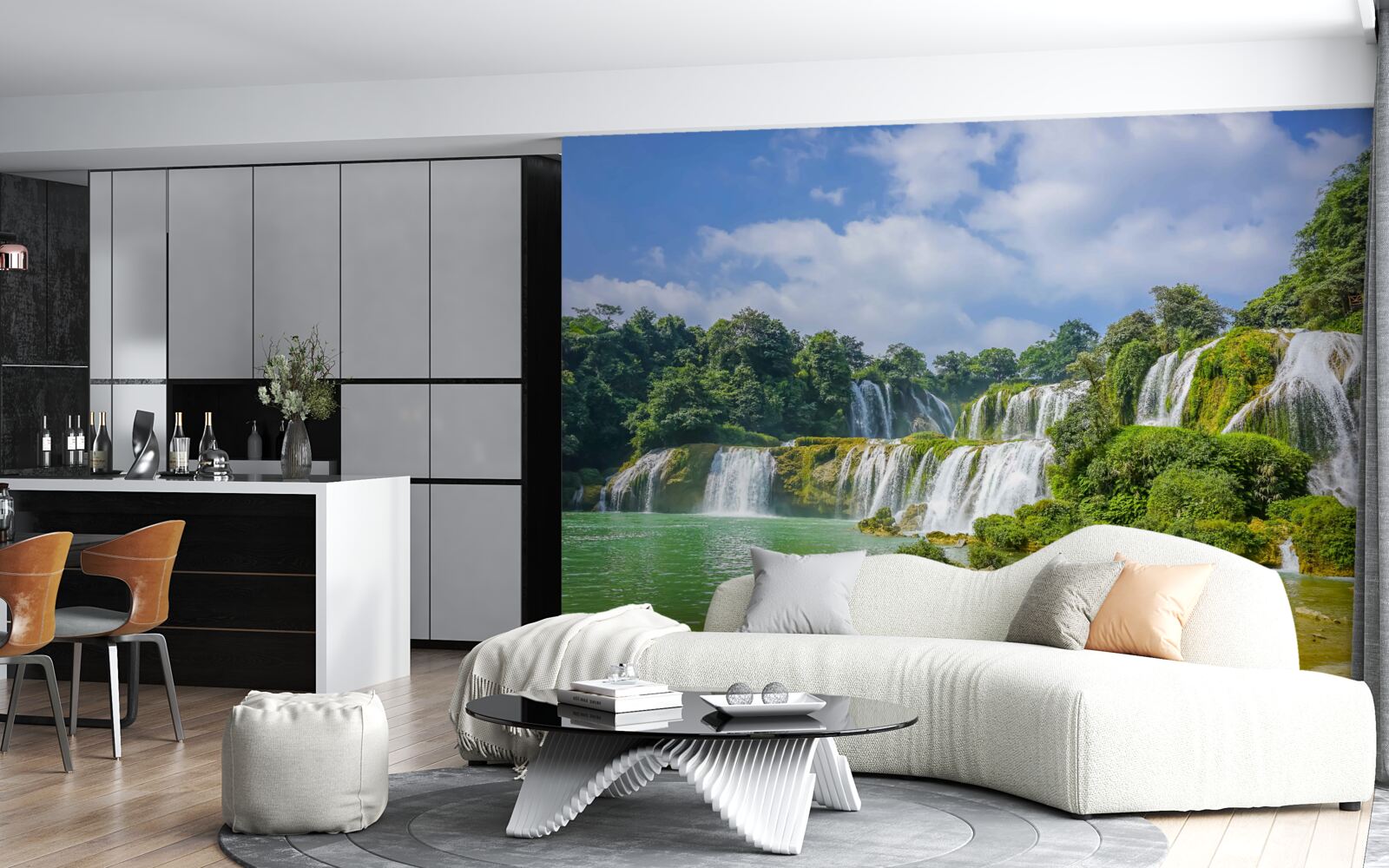 Fotobehang watervallen die snel in het meer stromen