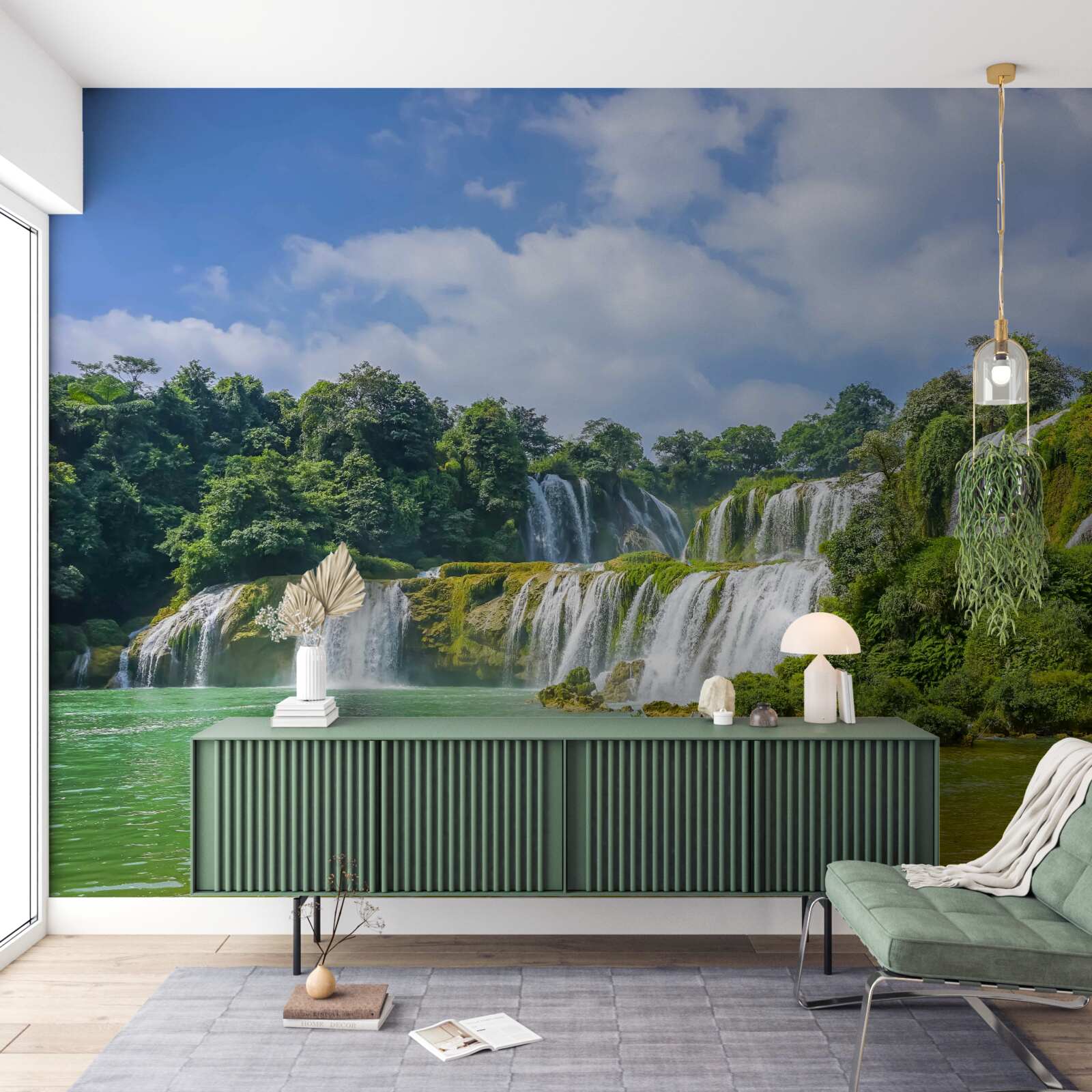 Fotobehang watervallen die snel in het meer stromen