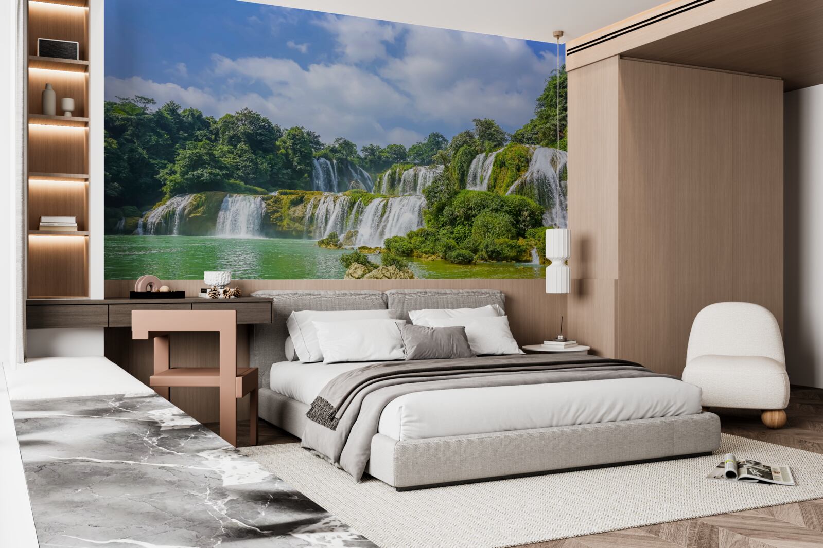 Fotobehang watervallen die snel in het meer stromen