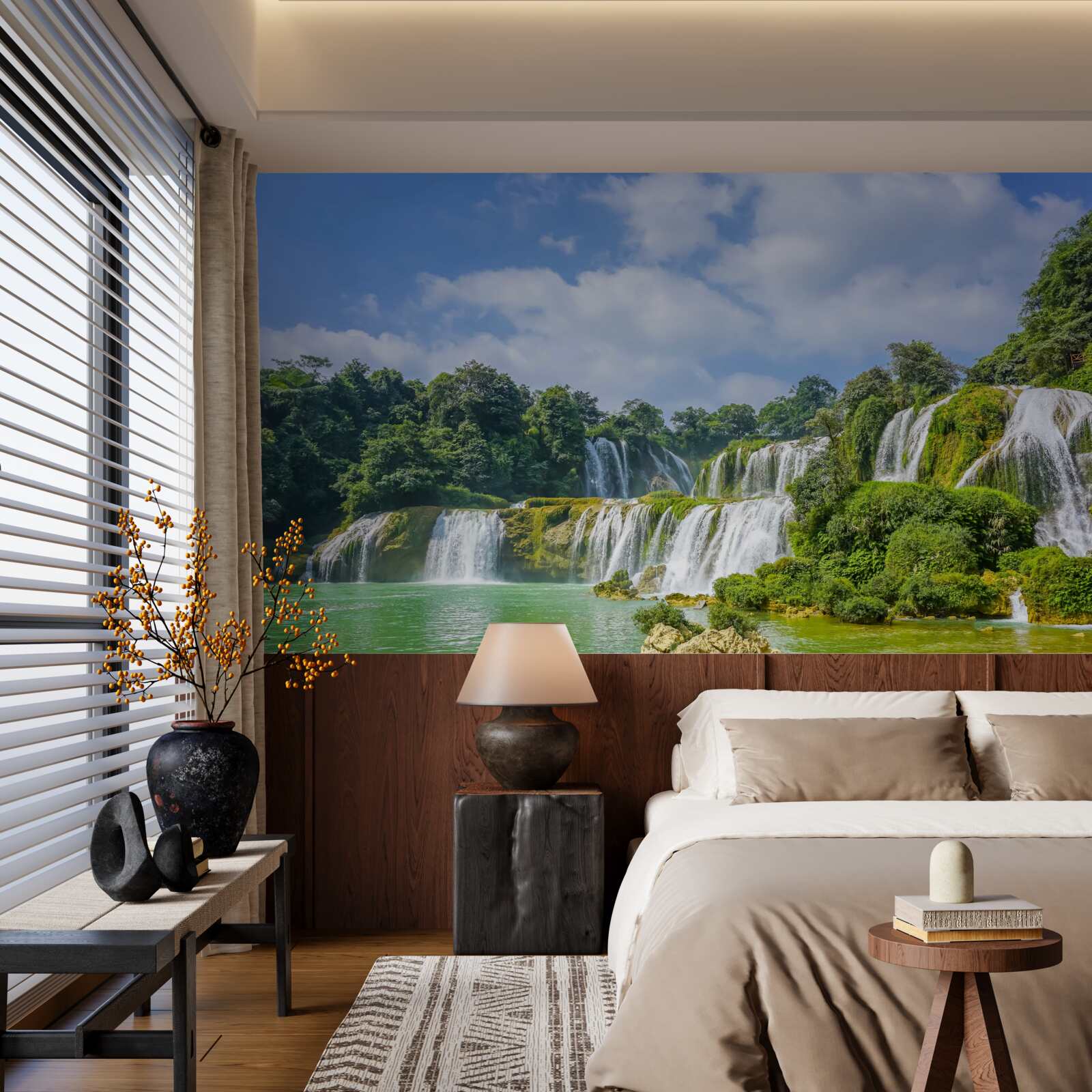 Fotobehang watervallen die snel in het meer stromen