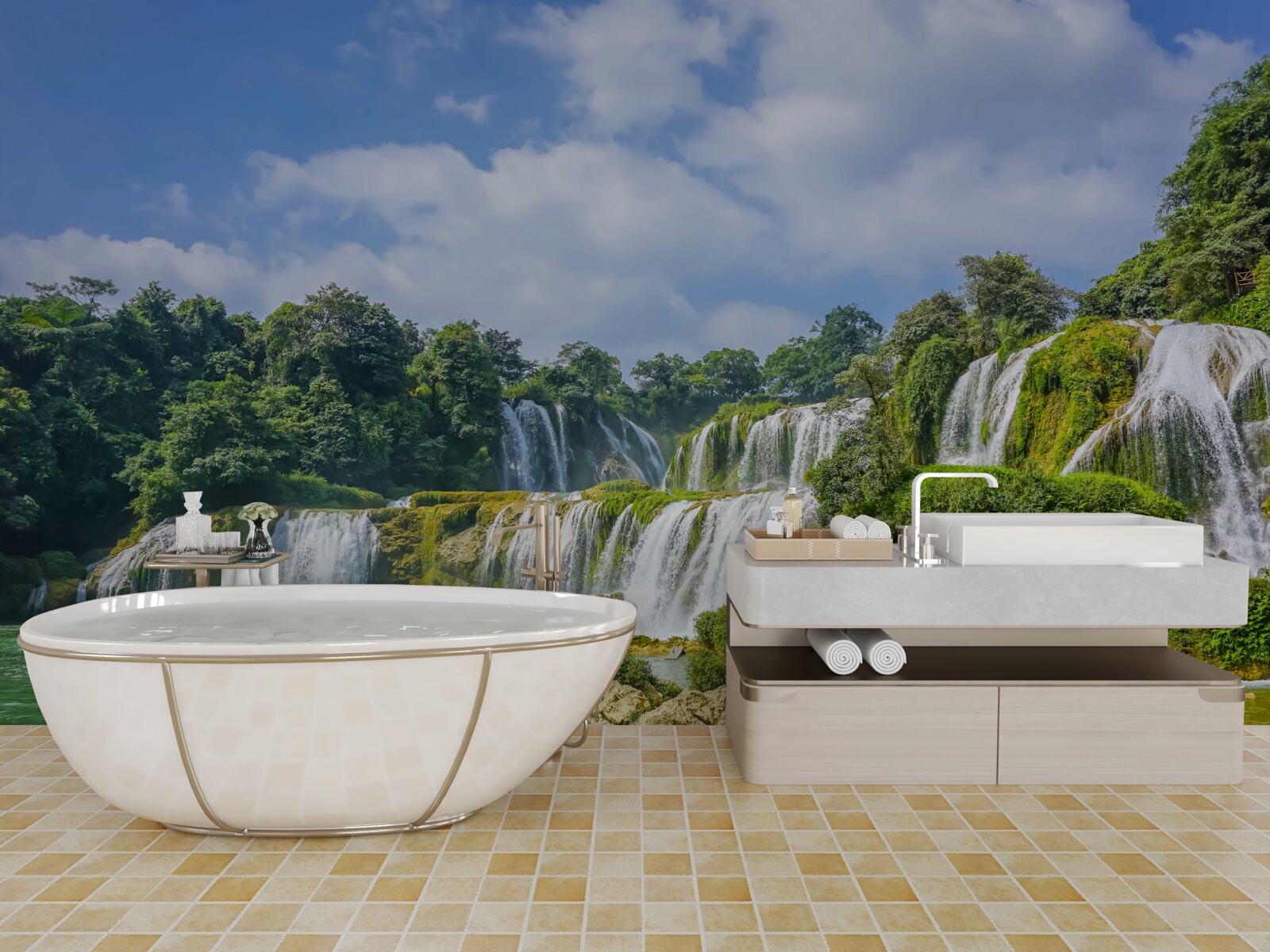 Fotobehang watervallen die snel in het meer stromen