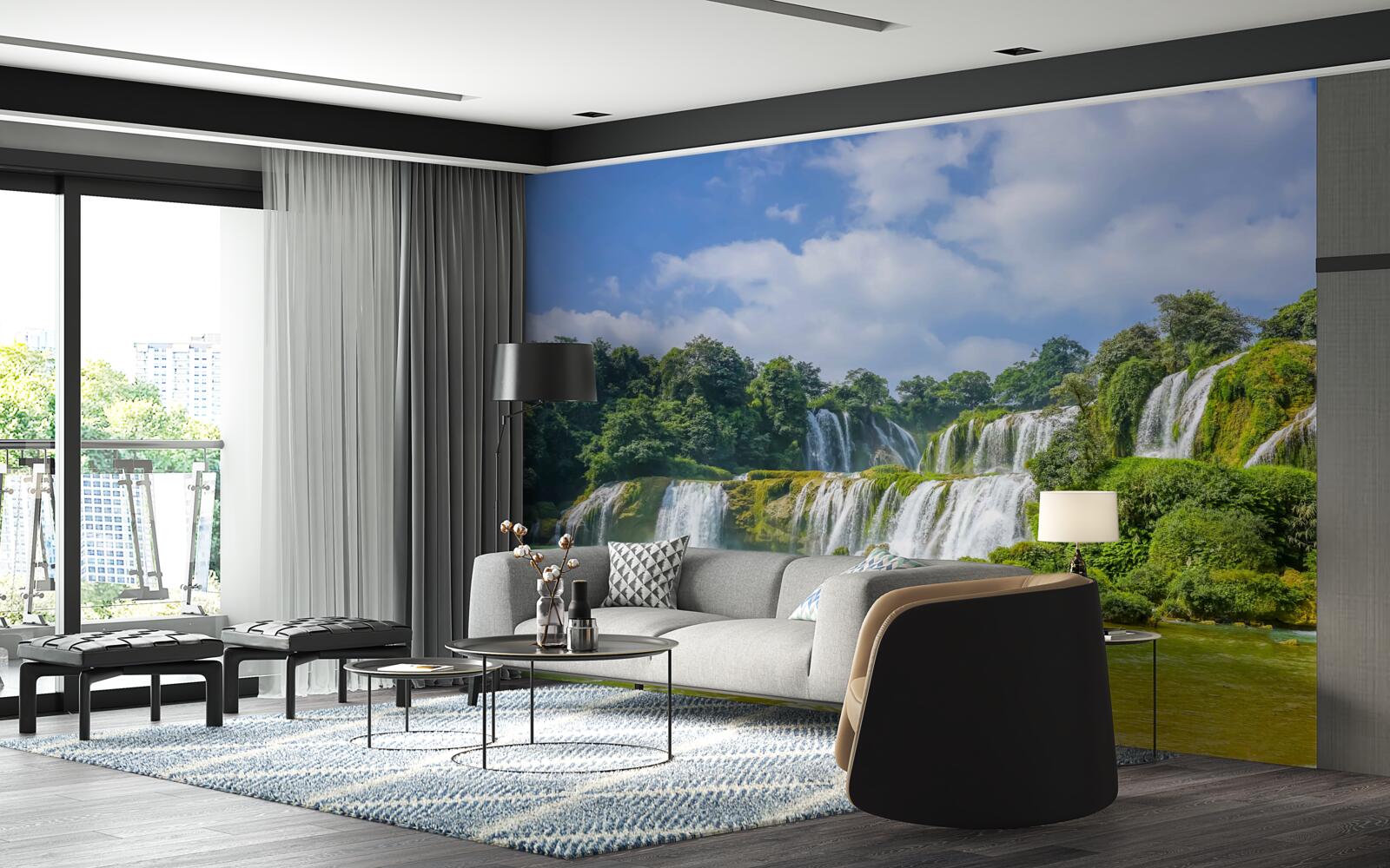 Fotobehang watervallen die snel in het meer stromen