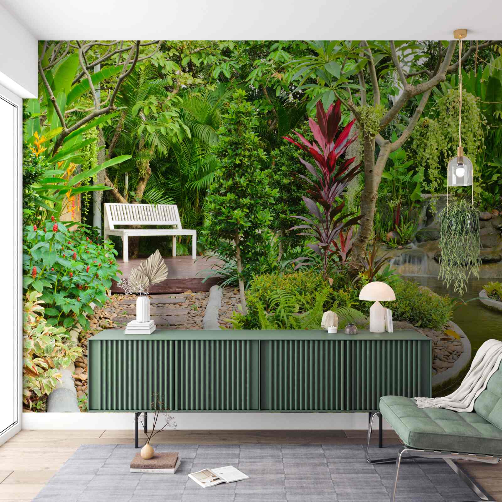 Fotobehang tropisch paradijs in een bebost gebied bij een vijver