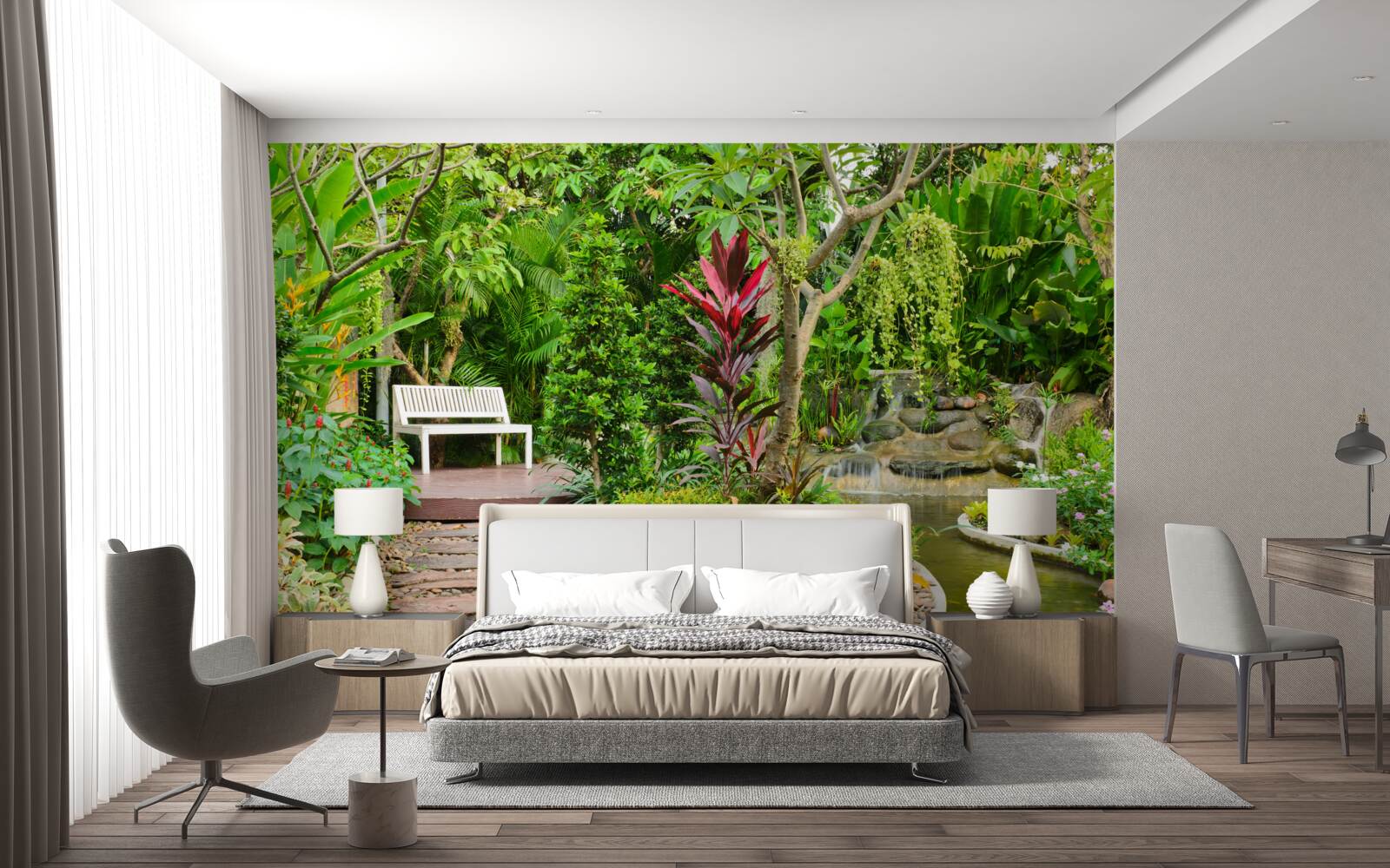 Fotobehang tropisch paradijs in een bebost gebied bij een vijver