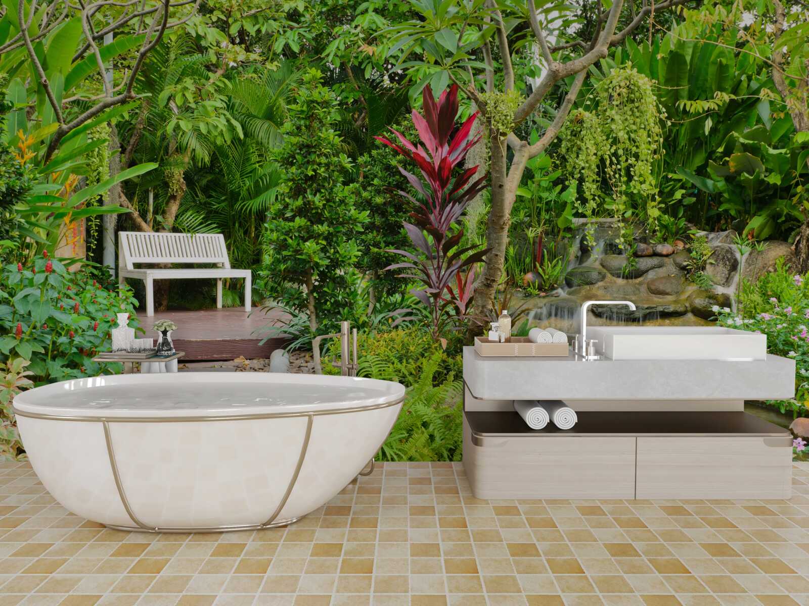 Fotobehang tropisch paradijs in een bebost gebied bij een vijver