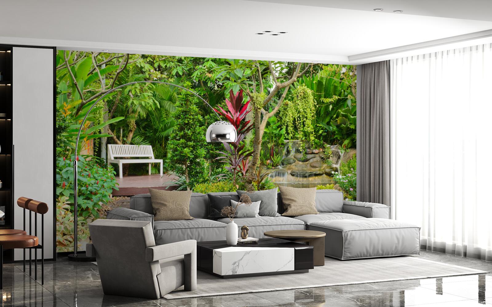 Fotobehang tropisch paradijs in een bebost gebied bij een vijver