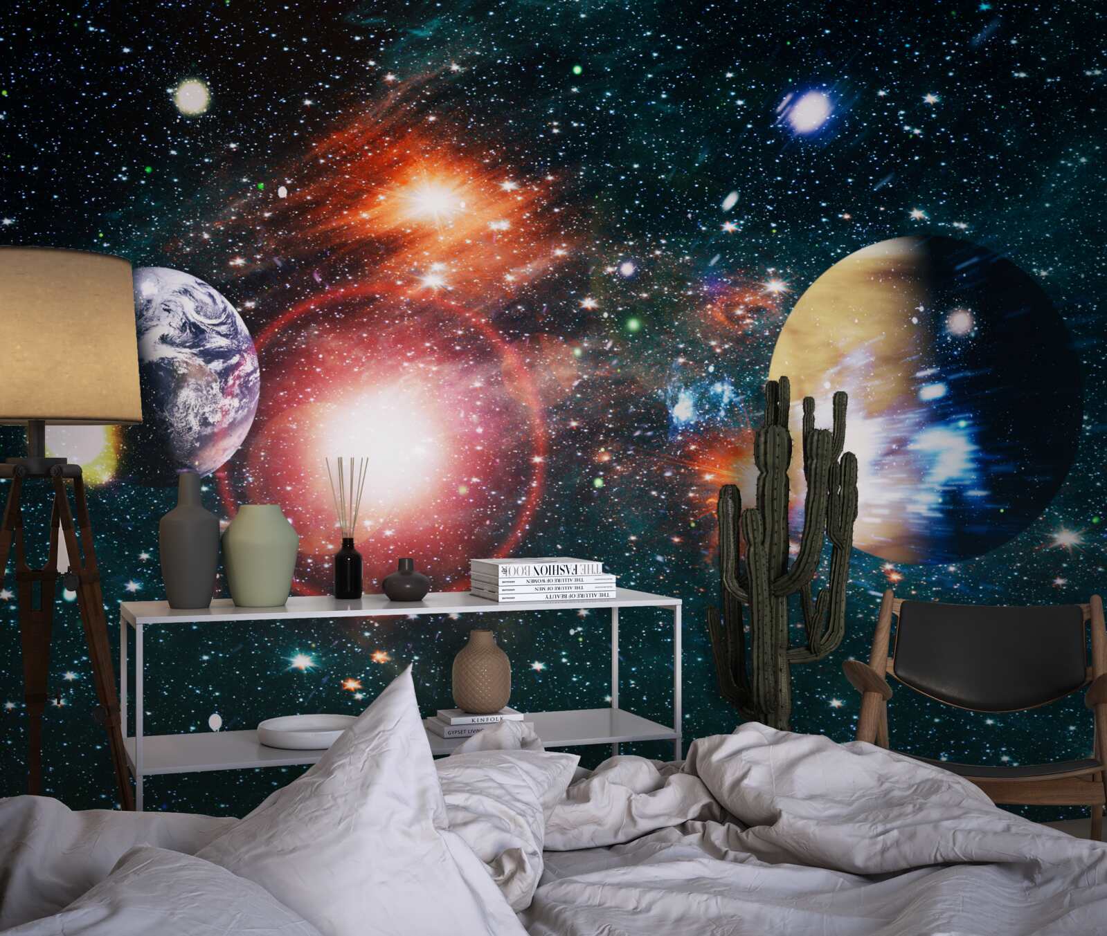 Fotobehang een sterrenhemel in een mistige nacht