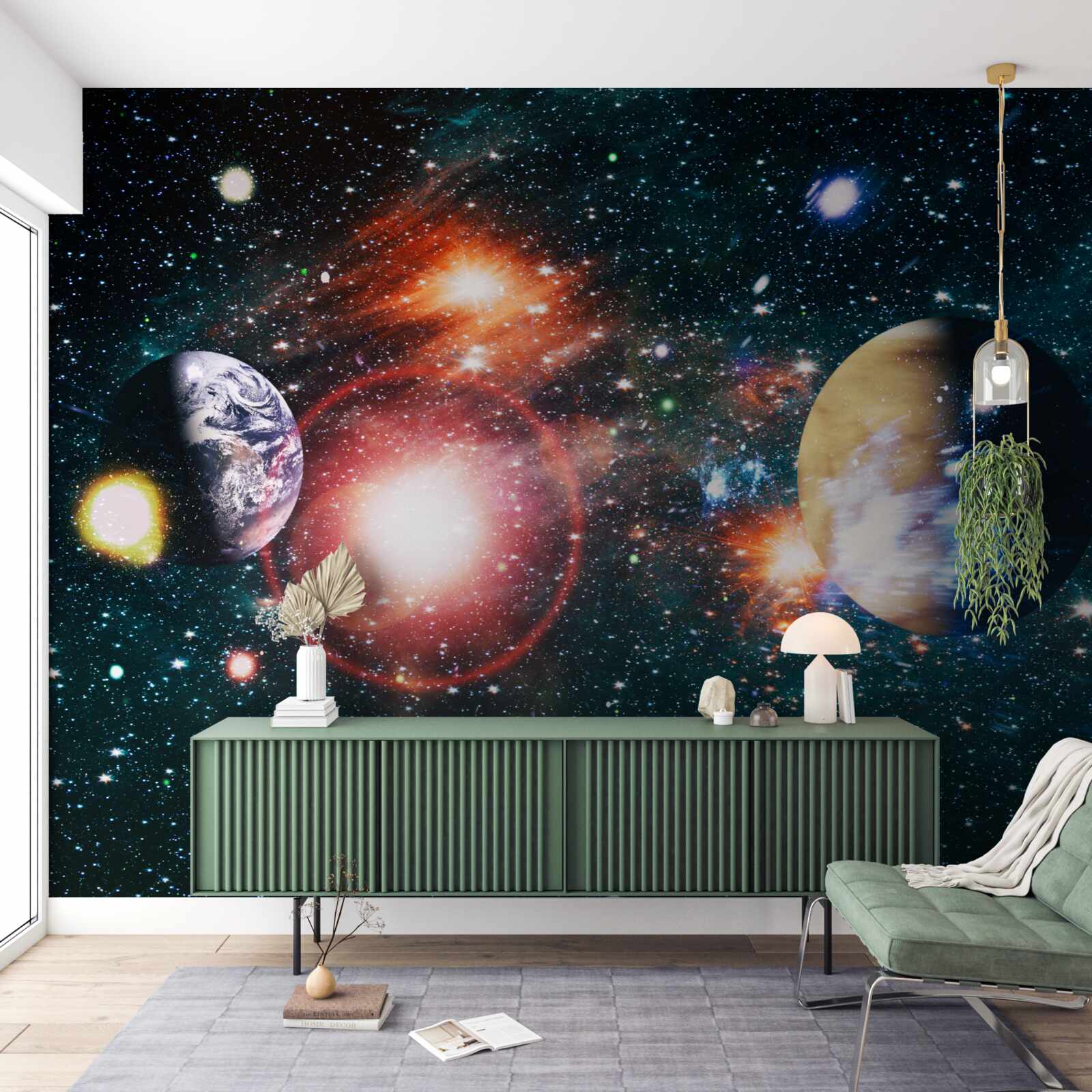 Fotobehang een sterrenhemel in een mistige nacht