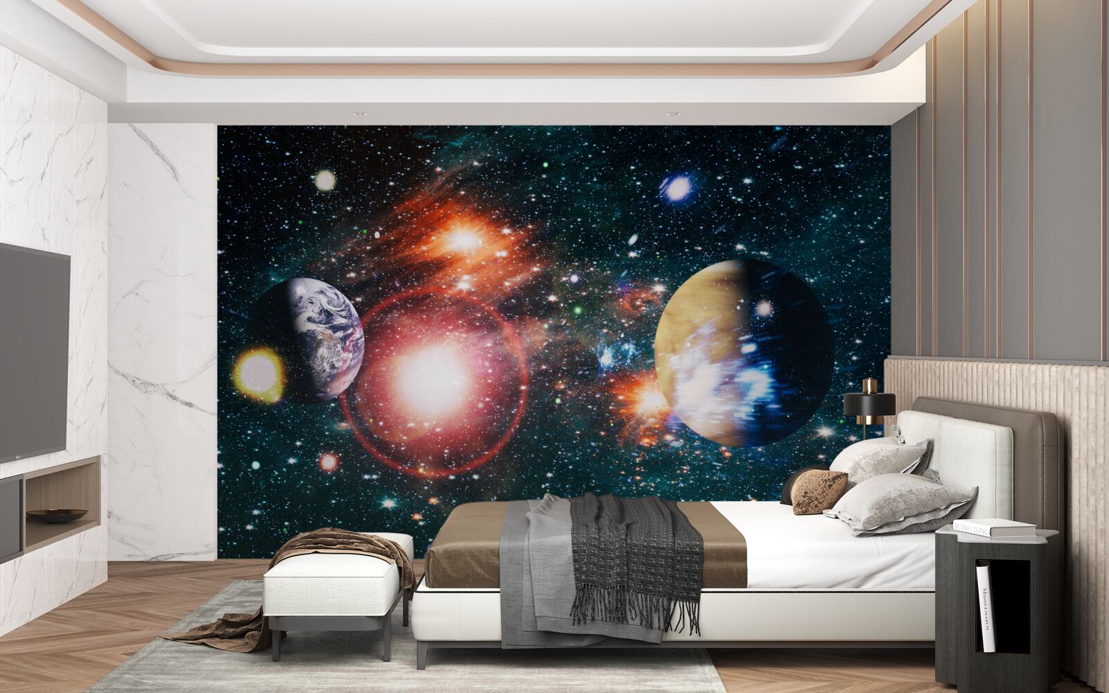 Fotobehang een sterrenhemel in een mistige nacht