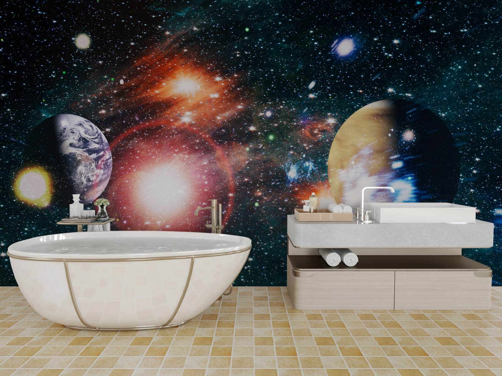 Fotobehang een sterrenhemel in een mistige nacht