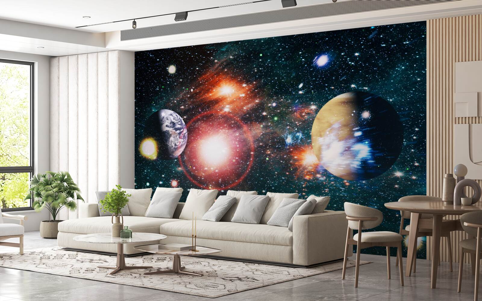 Fotobehang een sterrenhemel in een mistige nacht