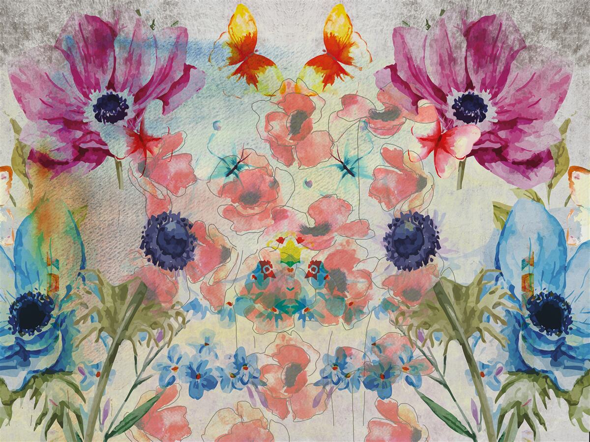 Fotobehang bloemen geschilderd in verschillende tinten waterverf