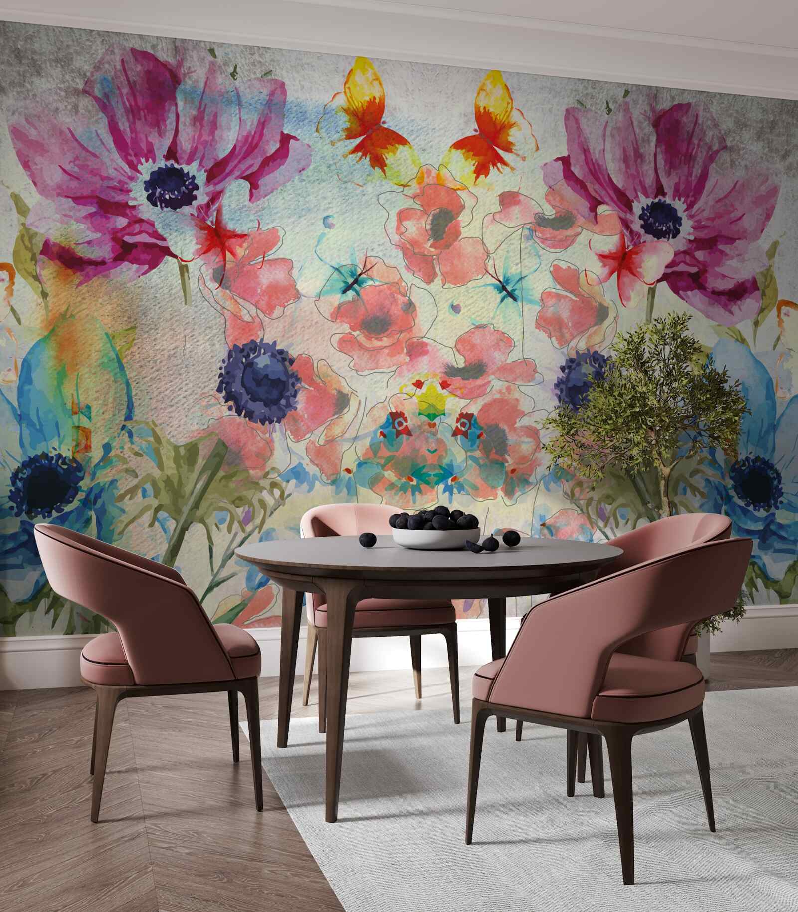 Fotobehang bloemen geschilderd in verschillende tinten waterverf