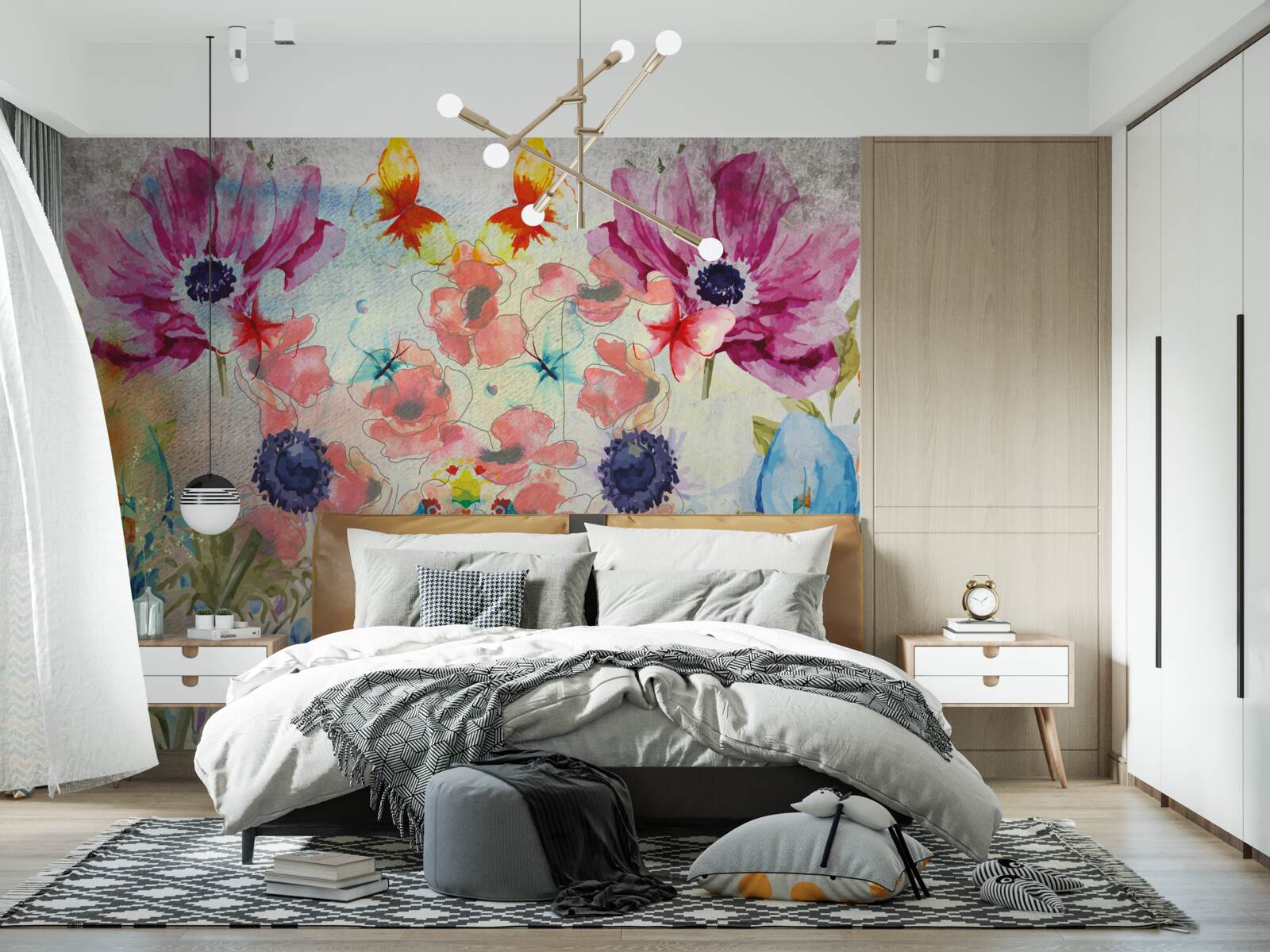 Fotobehang bloemen geschilderd in verschillende tinten waterverf