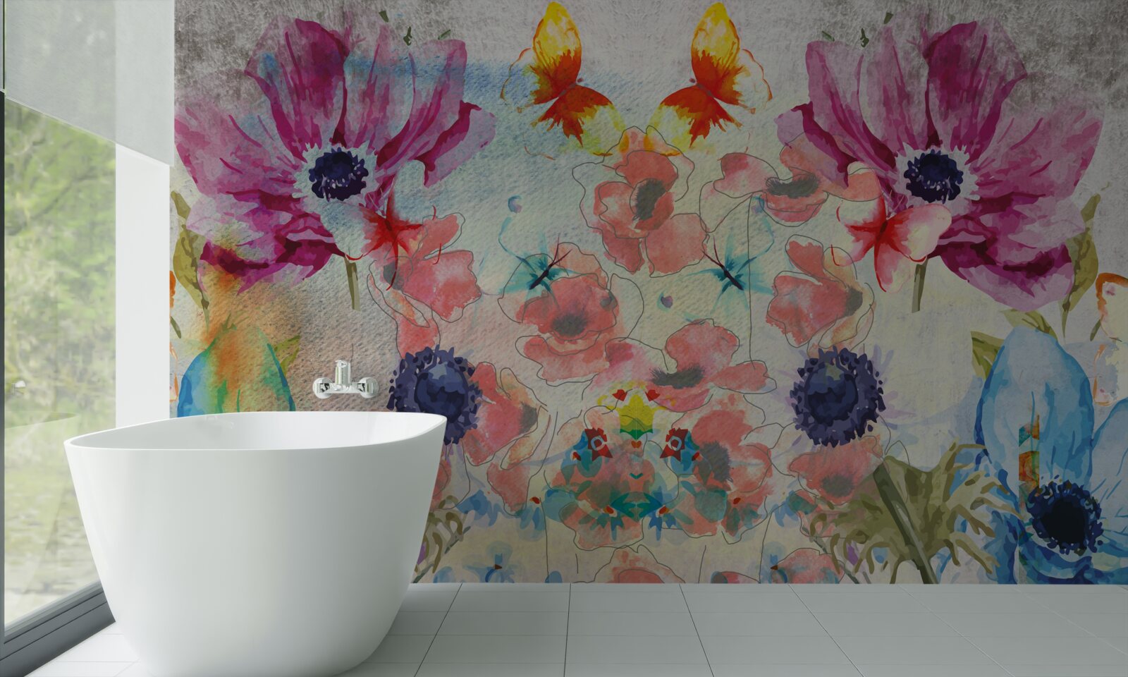 Fotobehang bloemen geschilderd in verschillende tinten waterverf