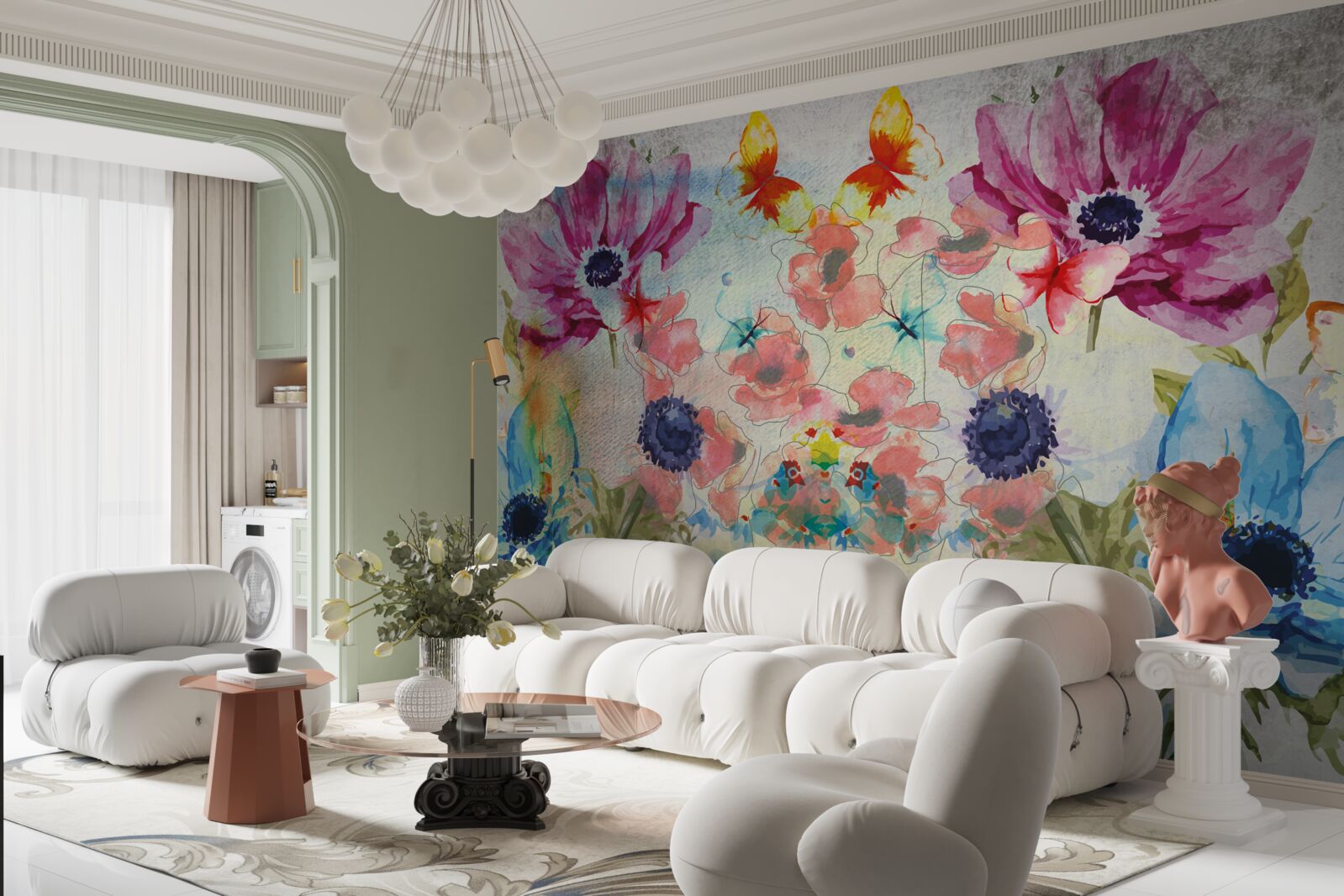 Fotobehang bloemen geschilderd in verschillende tinten waterverf