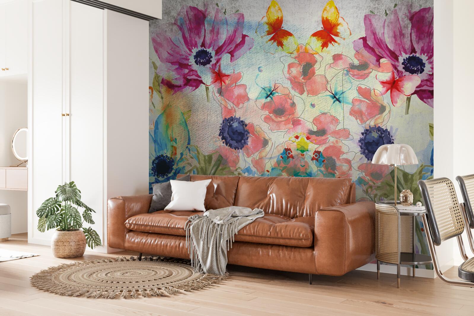 Fotobehang bloemen geschilderd in verschillende tinten waterverf