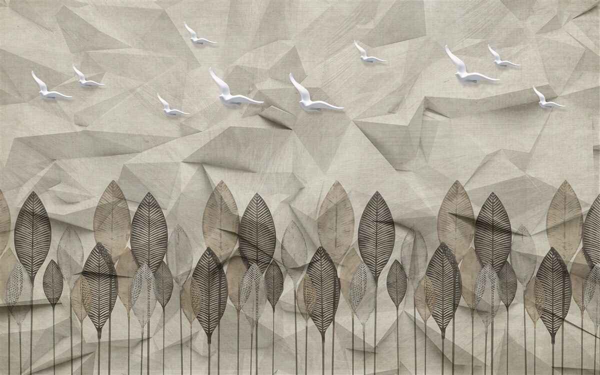 Fotobehang vogels die vleugels krijgen om te vliegen, en een essenkleurig bos