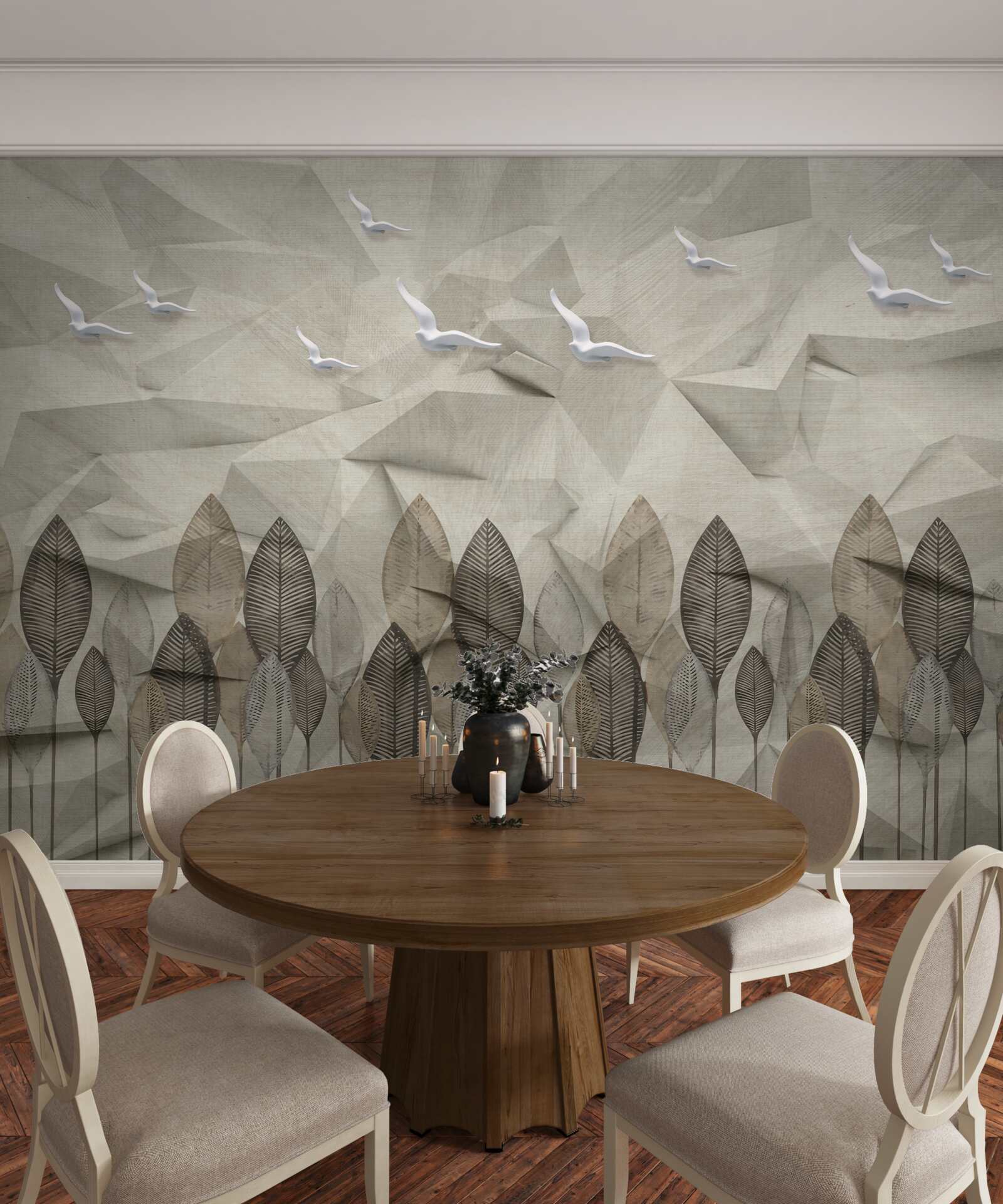 Fotobehang vogels die vleugels krijgen om te vliegen, en een essenkleurig bos