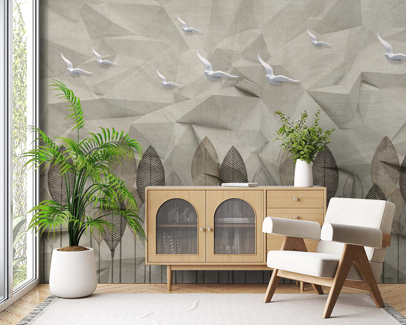 Fotobehang vogels die vleugels krijgen om te vliegen, en een essenkleurig bos