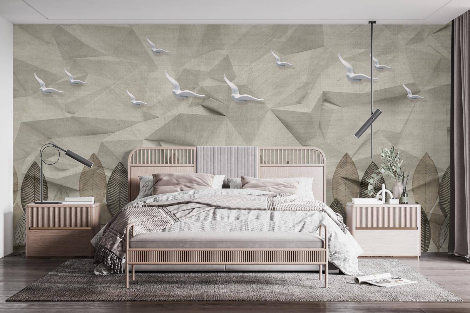 Fotobehang vogels die vleugels krijgen om te vliegen, en een essenkleurig bos