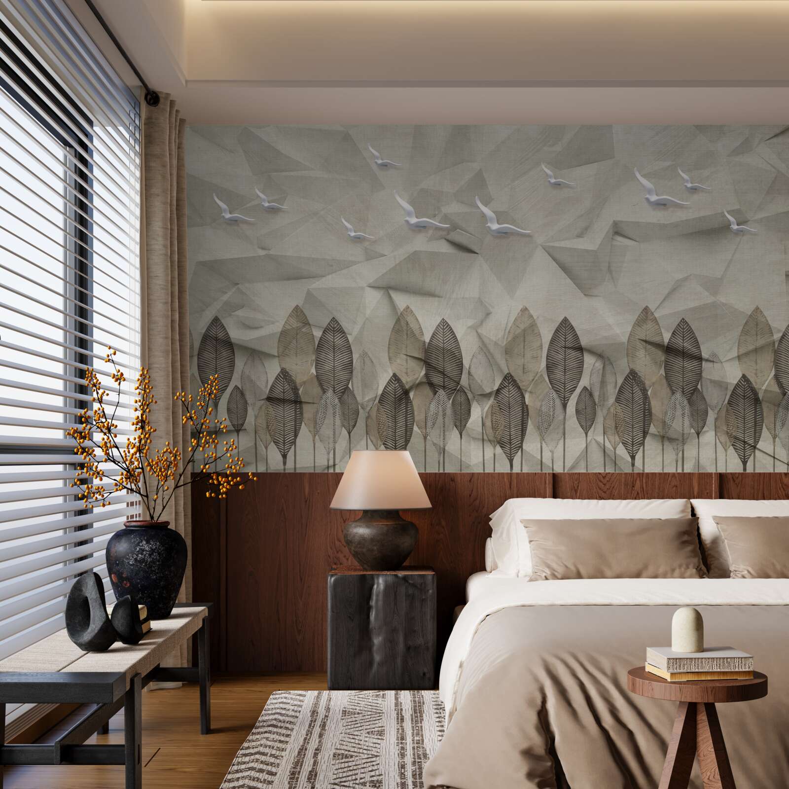 Fotobehang vogels die vleugels krijgen om te vliegen, en een essenkleurig bos