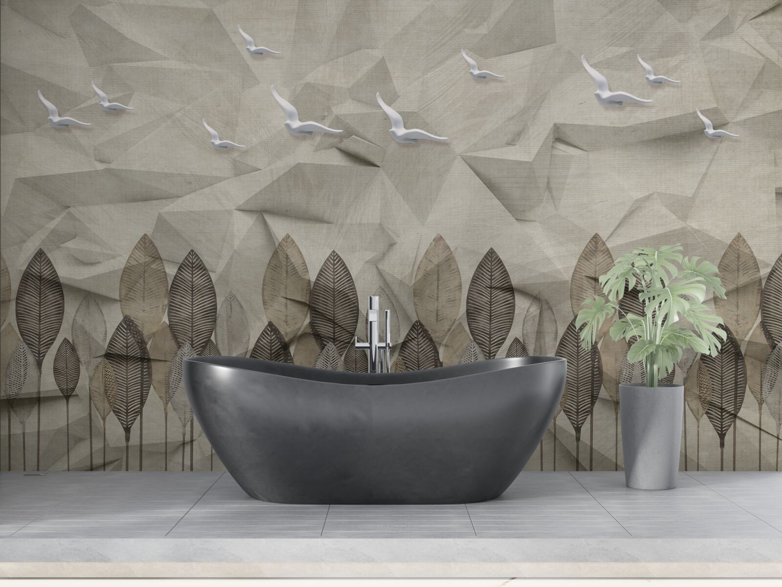 Fotobehang vogels die vleugels krijgen om te vliegen, en een essenkleurig bos