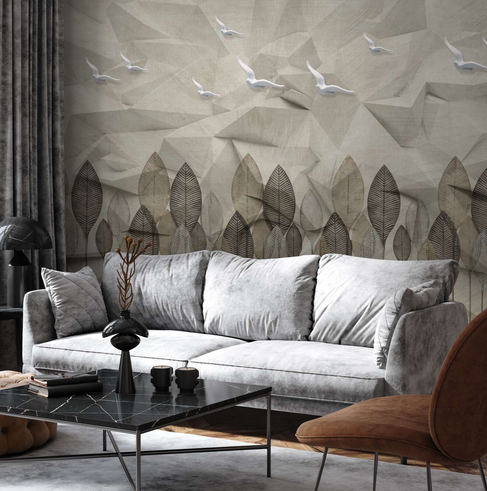 Fotobehang vogels die vleugels krijgen om te vliegen, en een essenkleurig bos