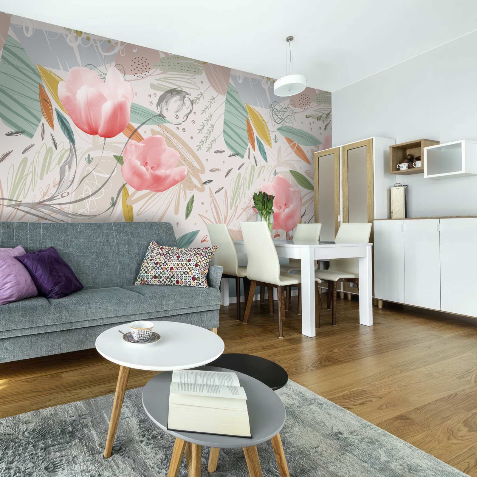 Fotobehang abstracte stijl achtergrond met roze tulpen