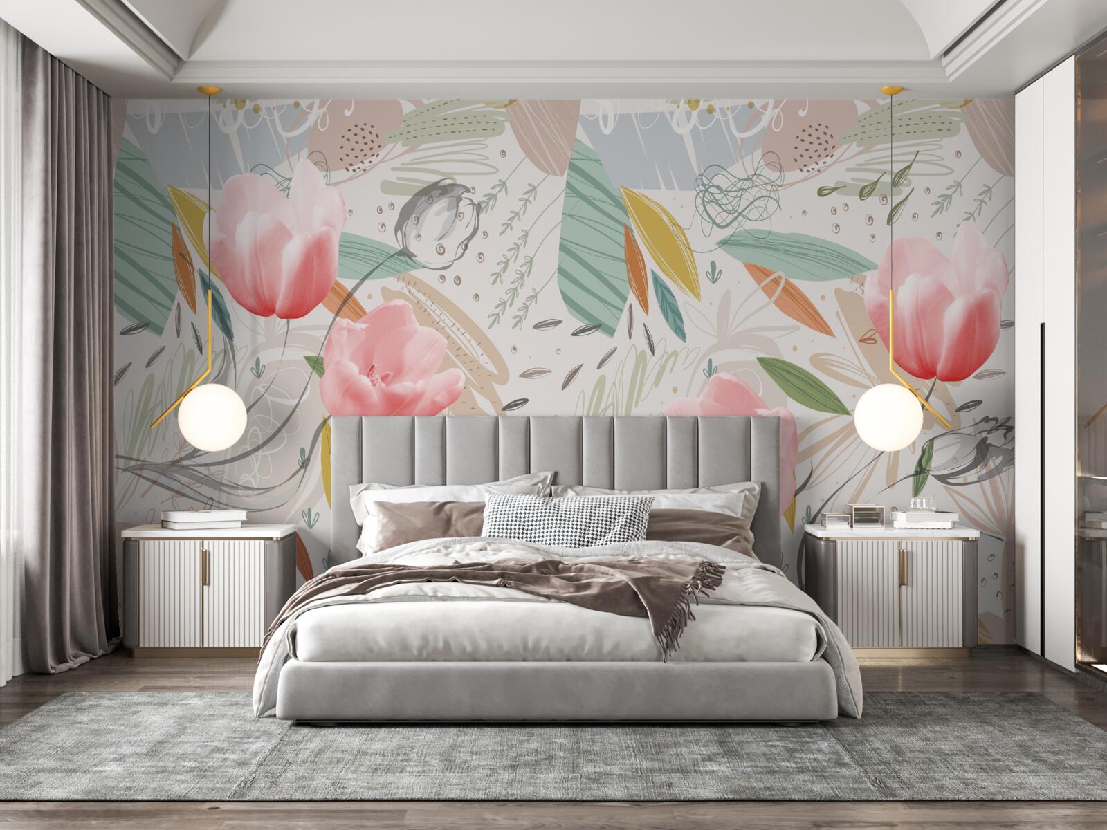 Fotobehang abstracte stijl achtergrond met roze tulpen