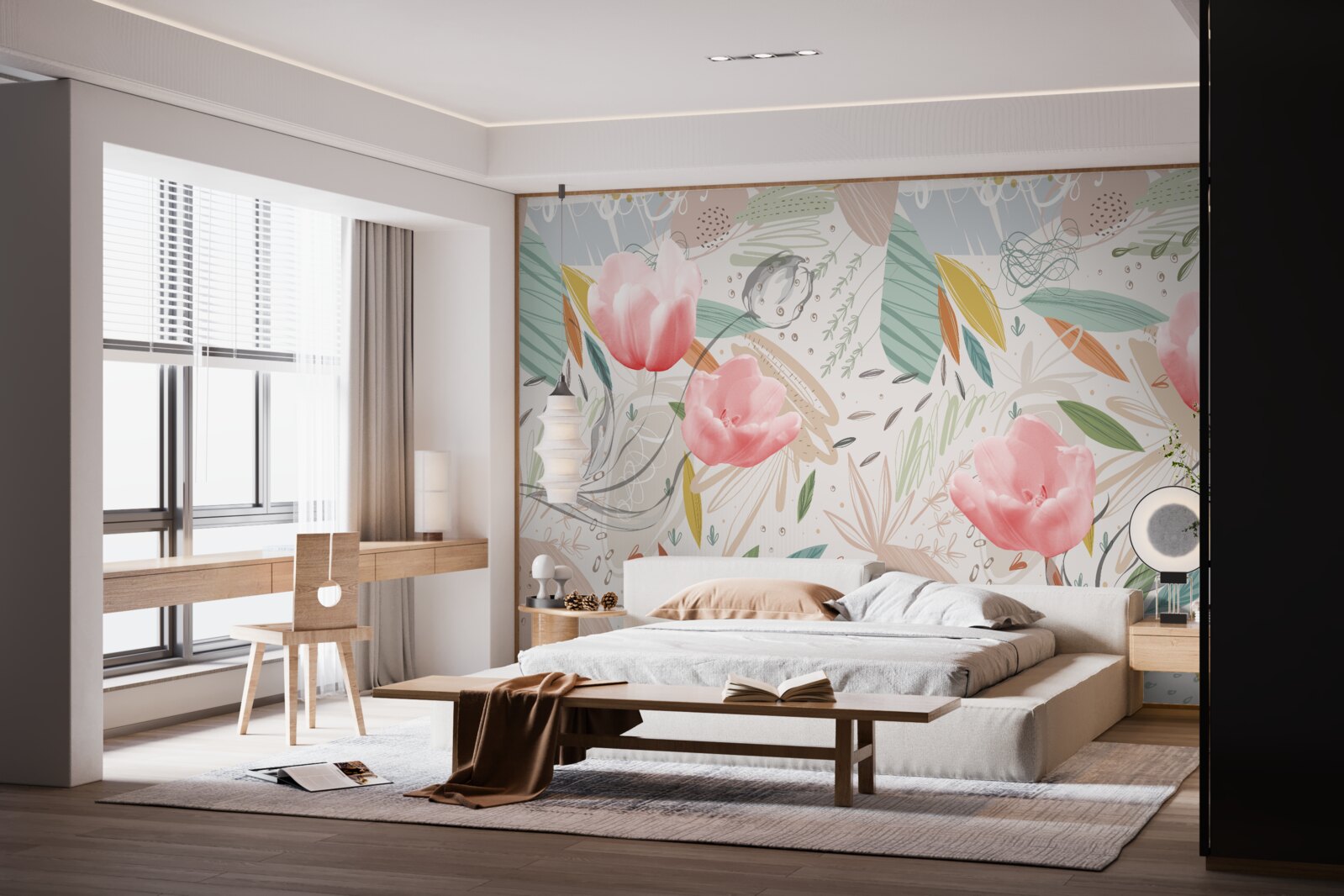 Fotobehang abstracte stijl achtergrond met roze tulpen