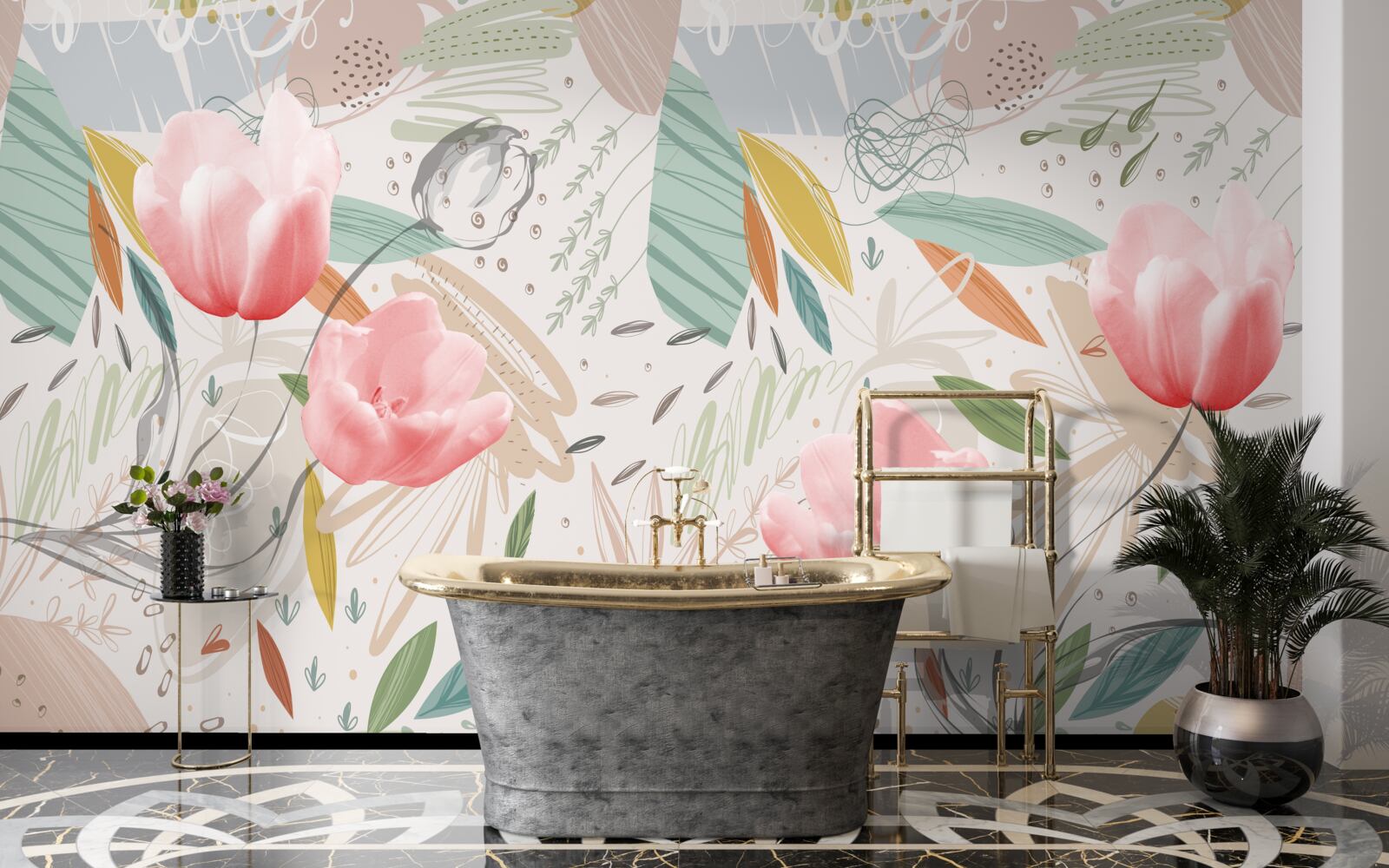 Fotobehang abstracte stijl achtergrond met roze tulpen