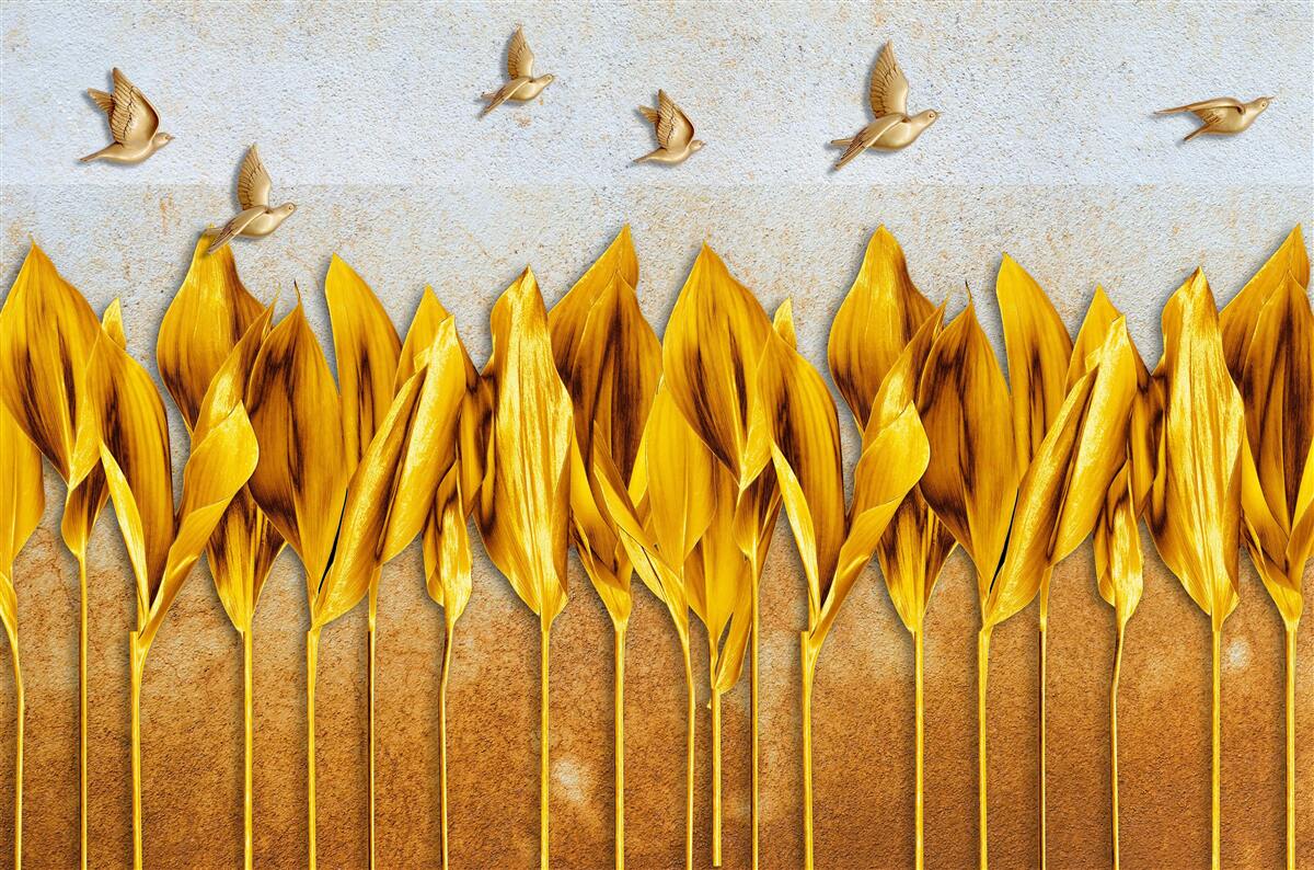 Fotobehang een gouden herfstbos verschijnt boven de vleugels van vliegende vogels