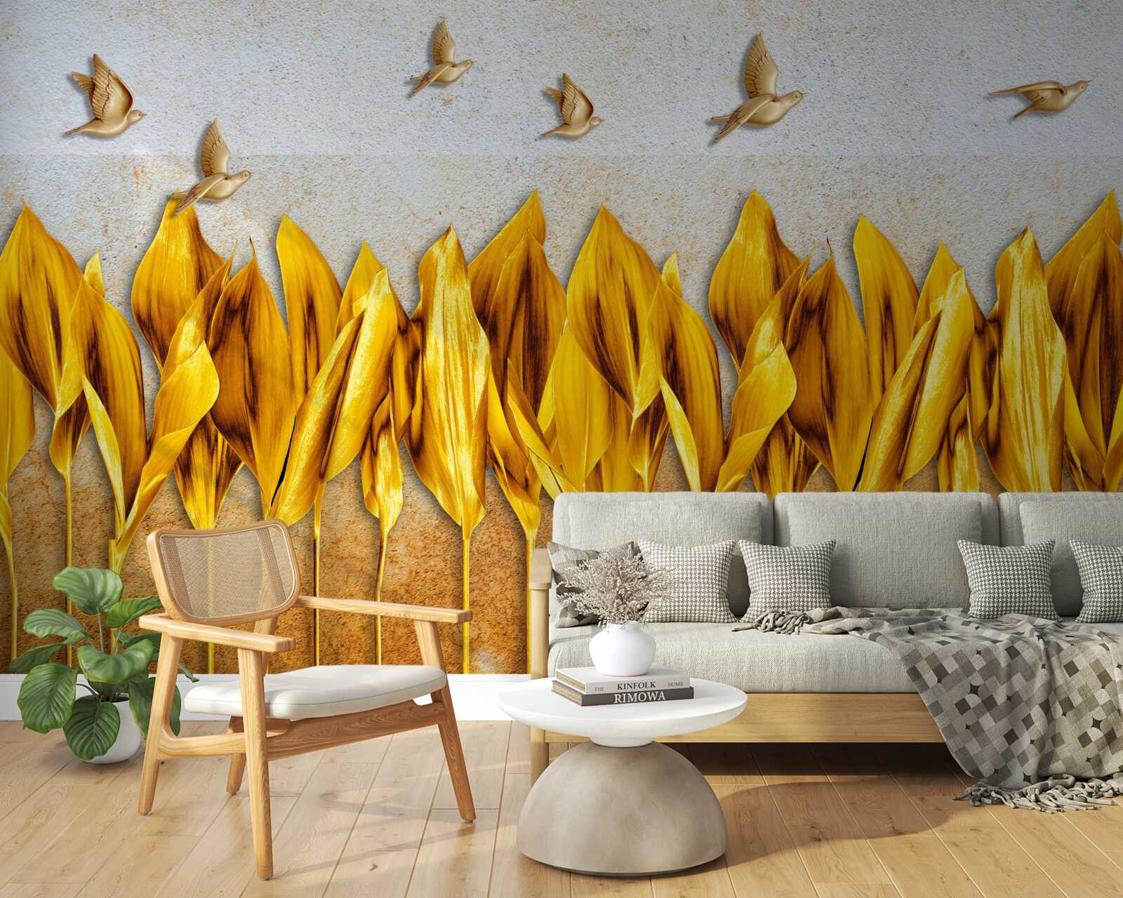 Fotobehang een gouden herfstbos verschijnt boven de vleugels van vliegende vogels