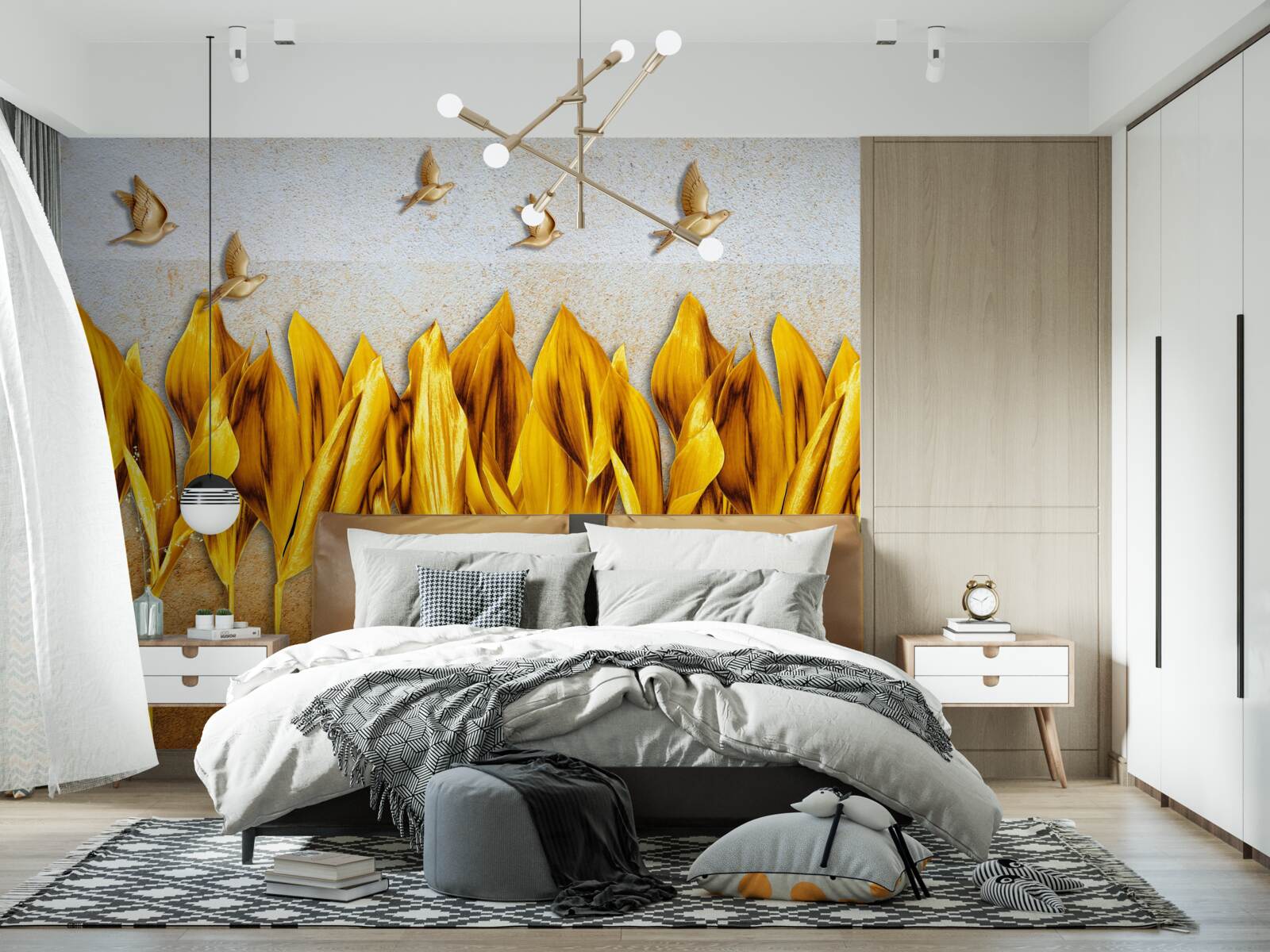 Fotobehang een gouden herfstbos verschijnt boven de vleugels van vliegende vogels