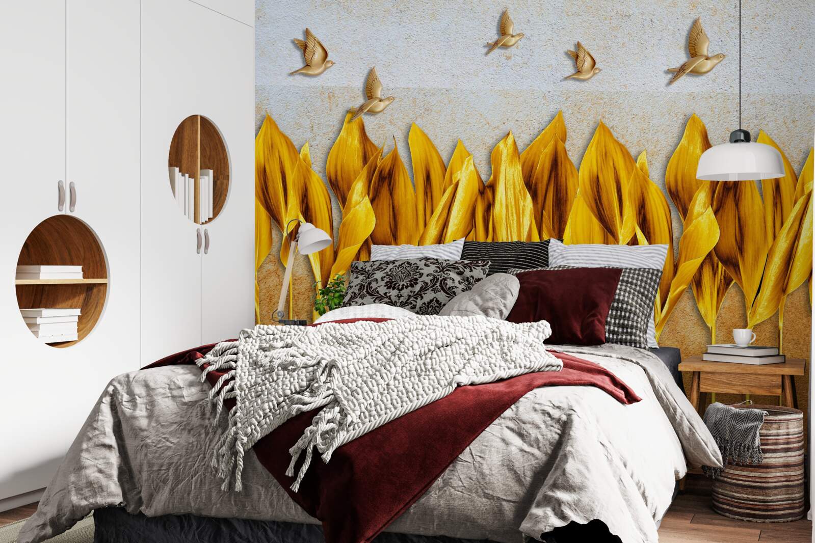 Fotobehang een gouden herfstbos verschijnt boven de vleugels van vliegende vogels