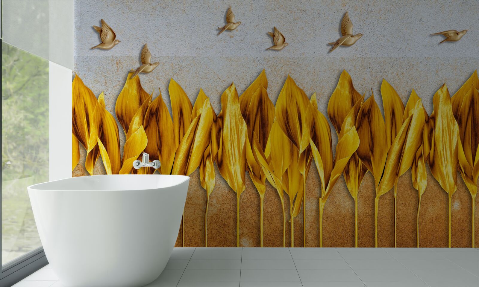 Fotobehang een gouden herfstbos verschijnt boven de vleugels van vliegende vogels