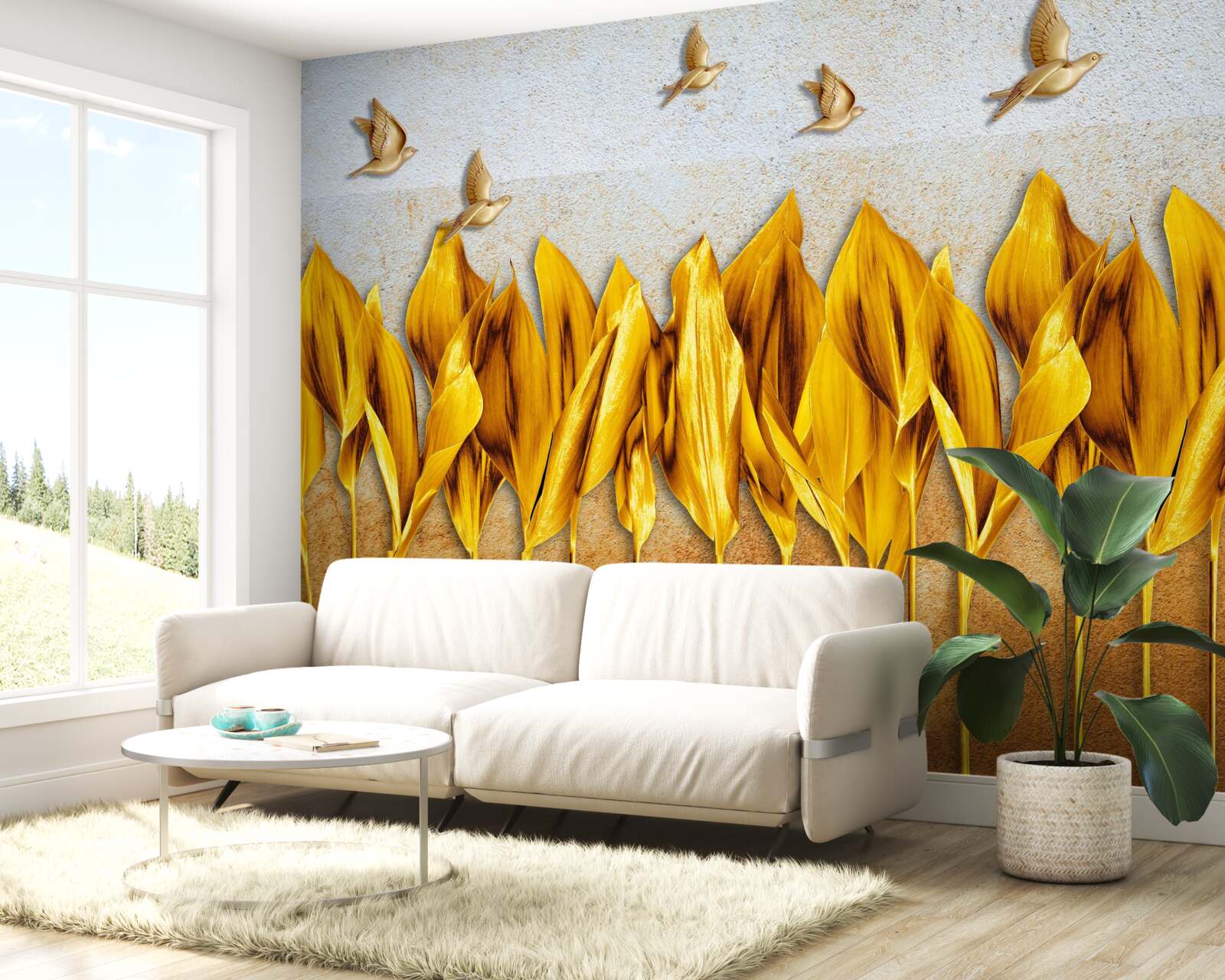 Fotobehang een gouden herfstbos verschijnt boven de vleugels van vliegende vogels