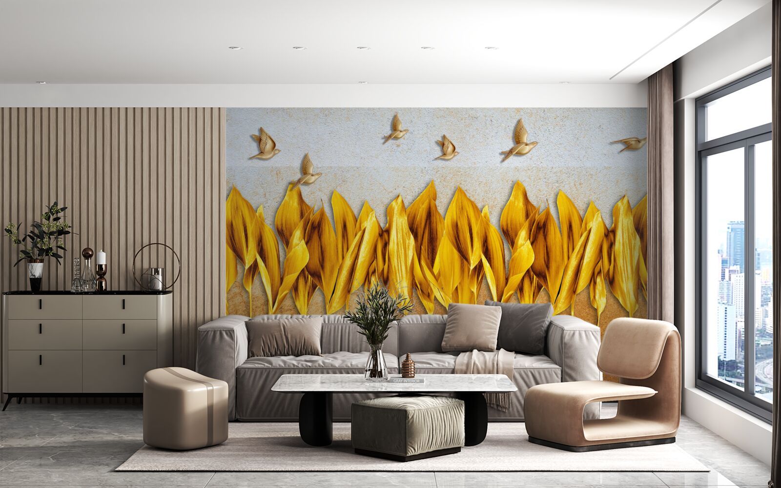 Fotobehang een gouden herfstbos verschijnt boven de vleugels van vliegende vogels